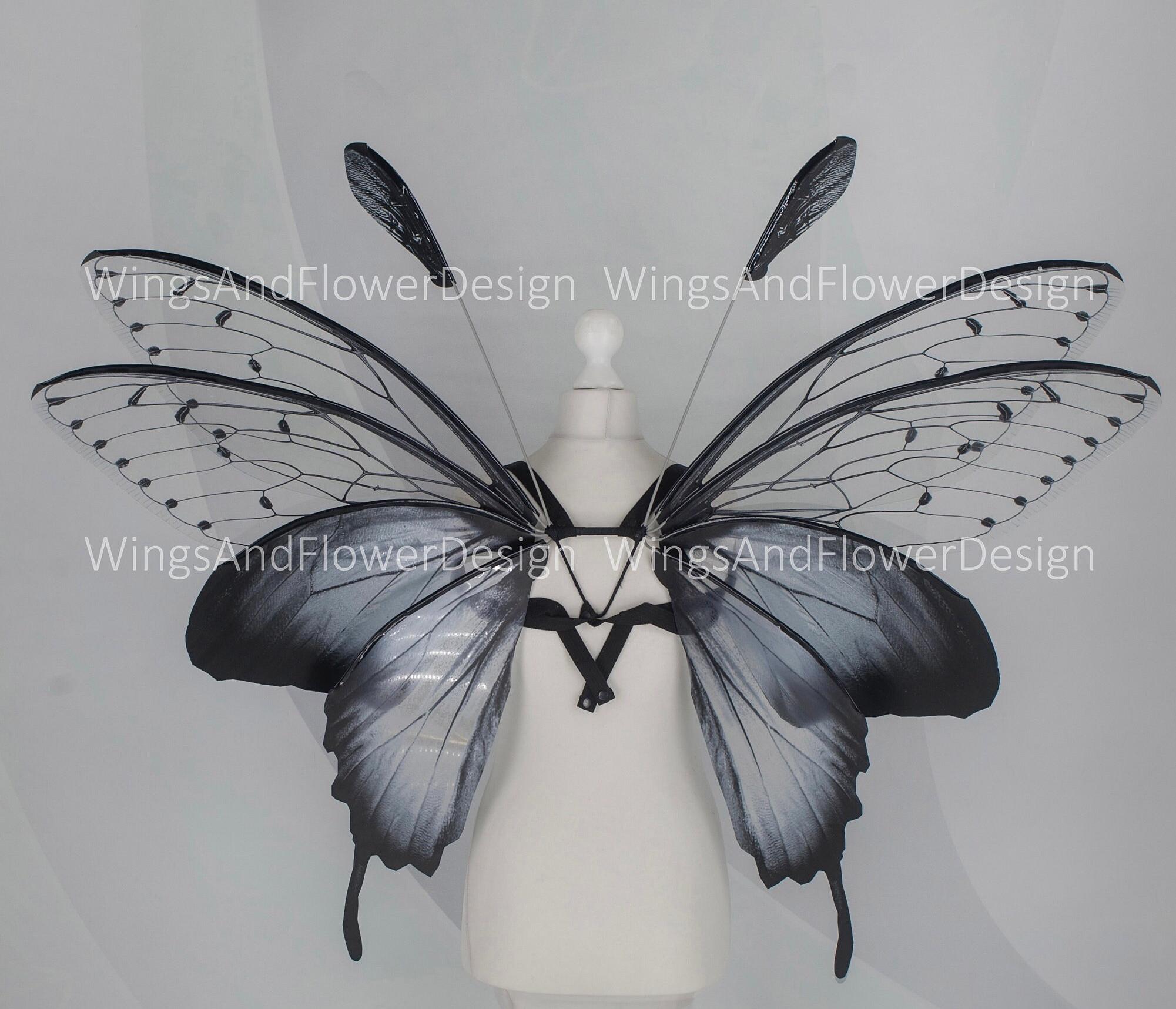 Large adult butterfly dark black gray wings, forest fairy wings, wings Photo Prop, butterfly magical fairy wings, fantasy halloween