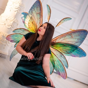 Puede incluir: Una mujer con un vestido de terciopelo verde y grandes alas de mariposa iridiscentes. Las alas son multicolores con tonos de azul, verde, amarillo y dorado. Las alas están sujetas a una diadema y se extienden detrás de ella.