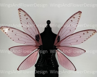 May include: A pair of pink fairy wings with a delicate, translucent design. The wings are attached to a black mannequin.