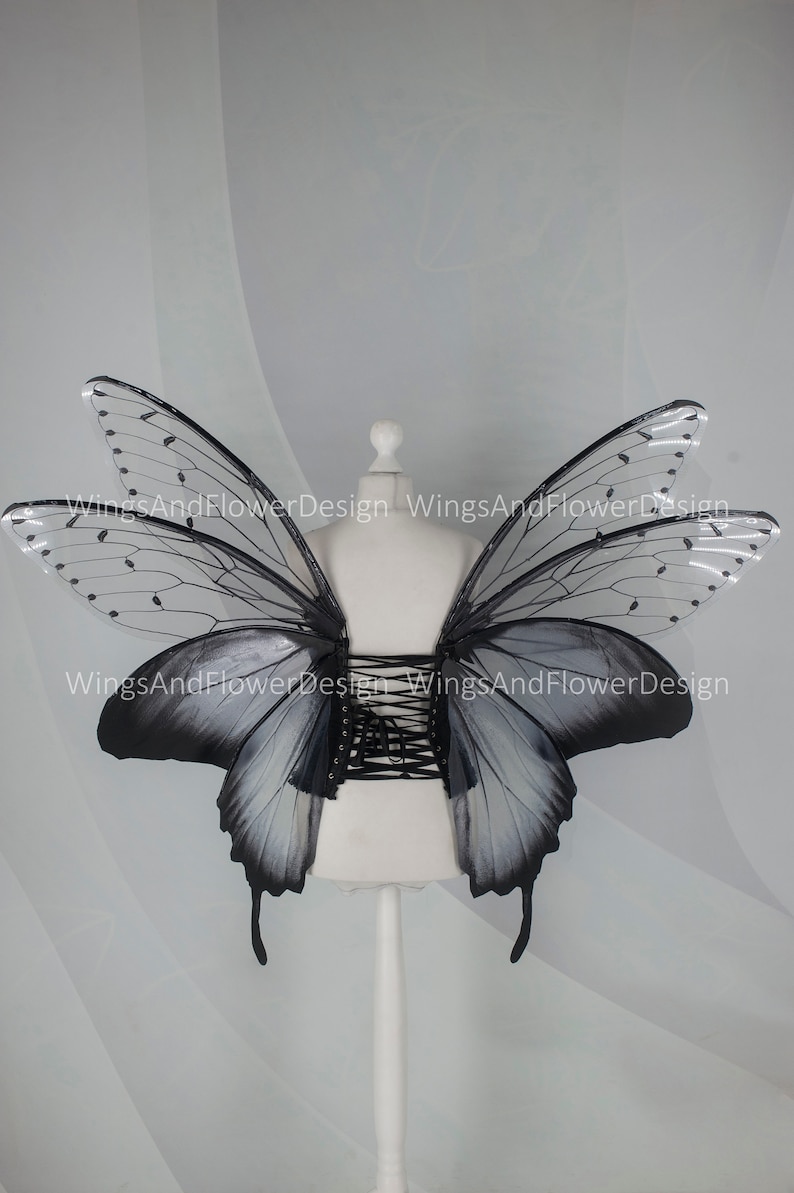 Large adult butterfly dark black gray wings, forest fairy wings, wings Photo Prop, butterfly magical fairy wings, fantasy halloween image 5