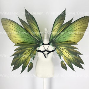 Butterfly green yellow brown forest fairy leaves wings, wings Photo Prop, wedding wings, butterfly magical fairy wings, fantasy halloween