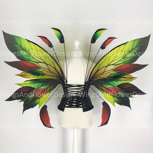 Butterfly green red orange forest fairy leaves wings, wings Photo Prop, wedding wings, butterfly magical fairy wings, fantasy halloween