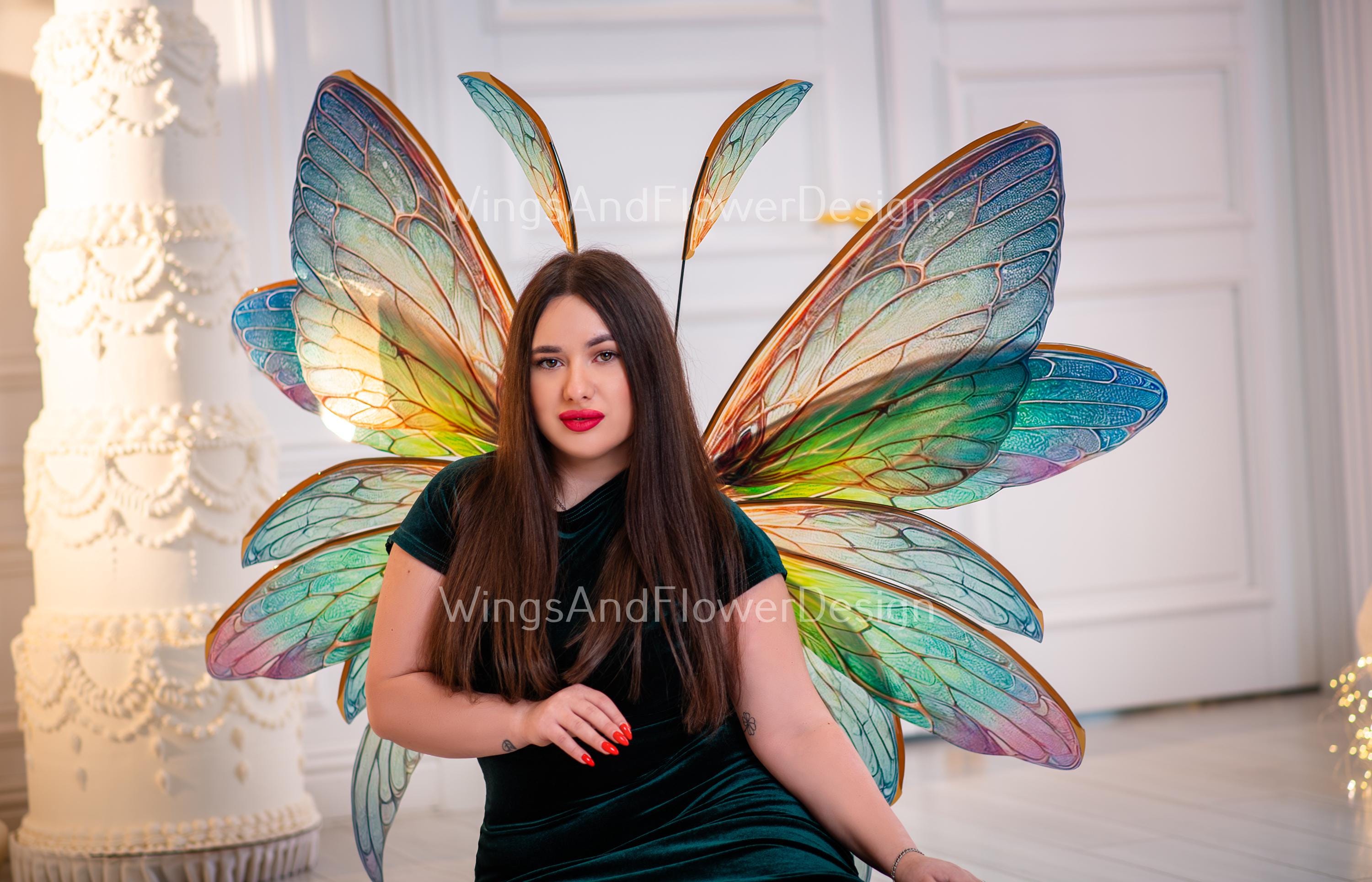 Butterfly rainbow green red blue yellow iridescent wings Photo Prop, wedding wings, butterfly magical fairy wings, fantasy halloween