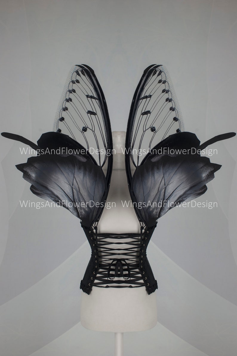 Large adult butterfly dark black gray wings, forest fairy wings, wings Photo Prop, butterfly magical fairy wings, fantasy halloween image 2