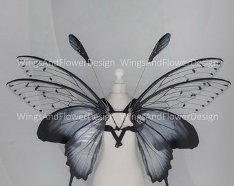 Large adult butterfly dark black gray wings, forest fairy wings, wings Photo Prop, butterfly magical fairy wings, fantasy halloween