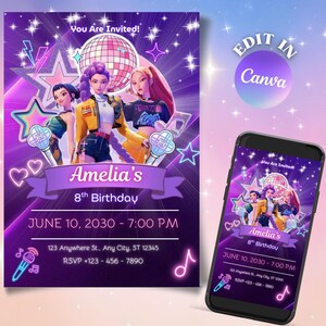 Invito per la festa dei cacciatori di demoni K-Pop / Invito di compleanno modificabile / Tema dei guerrieri K-Pop / Modello Canva / Download digitale