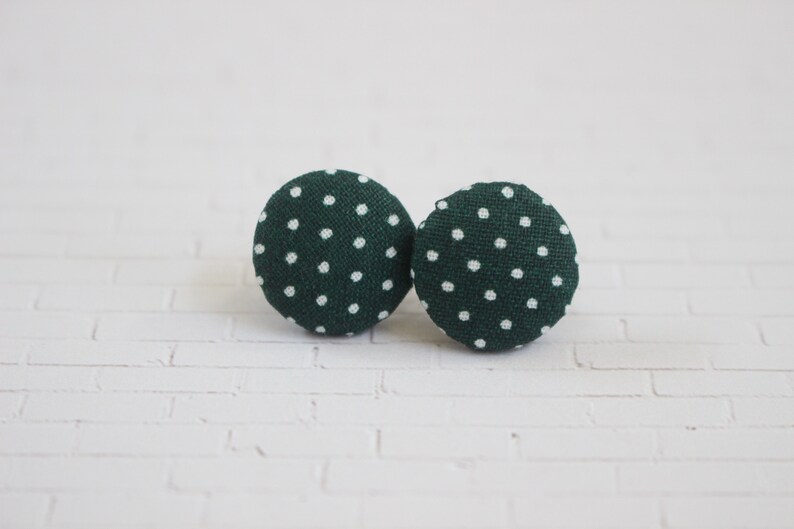 Forest Green Polka Dot Fabric Button Earrings