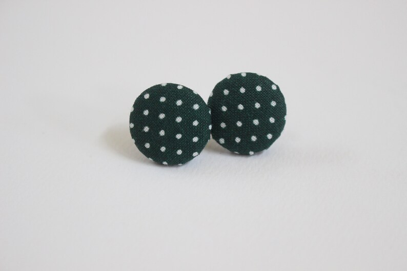 Forest Green Polka Dot Fabric Button Earrings