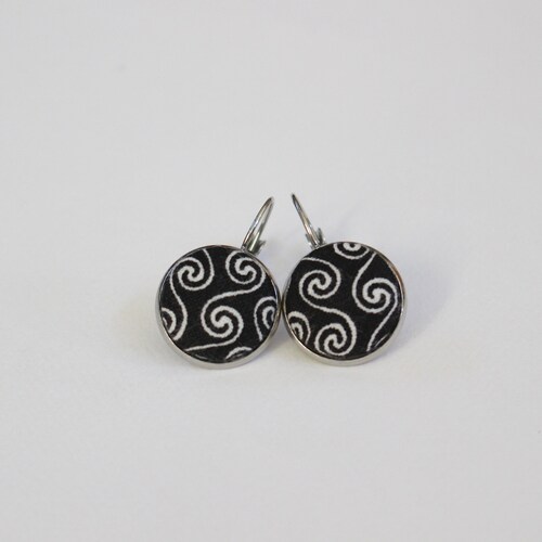 Black and shops White Scroll Fabric Button Dangle Earrings