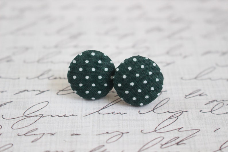 Forest Green Polka Dot Fabric Button Earrings