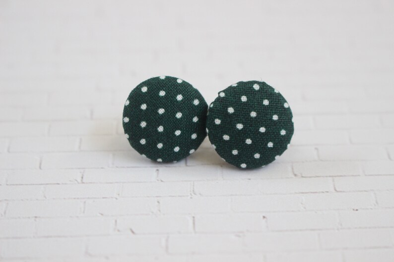 Forest Green Polka Dot Fabric Button Earrings