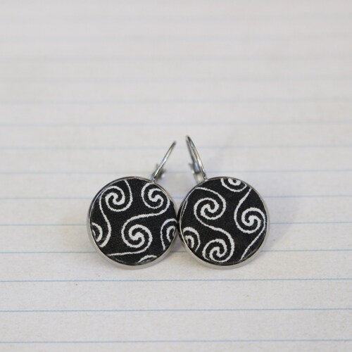 Black and shops White Scroll Fabric Button Dangle Earrings
