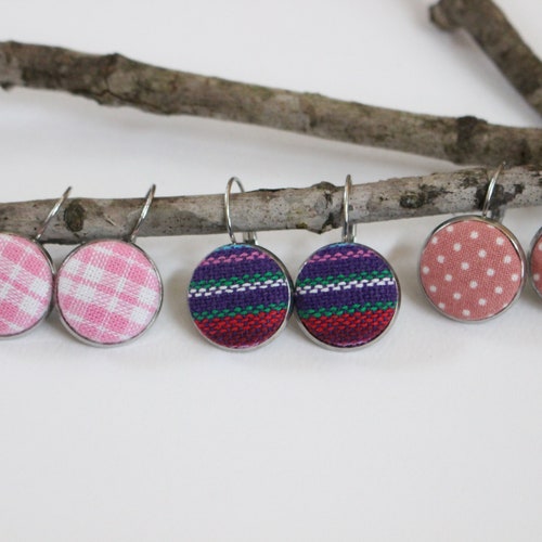 Purple Stripe Fabric Button Dangle shops Earrings