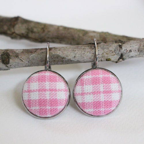 Pink Plaid high quality Fabric Button Dangle Earrings