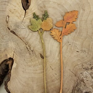 May include: Two wooden floral stems with leaves and flowers. The stem on the left has green leaves and orange flowers. The stem on the right has orange leaves and a brown acorn.