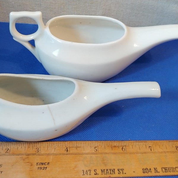 2 Vintage antique white stoneware Invalid feeder vintage Medical Hospital Baby feeder