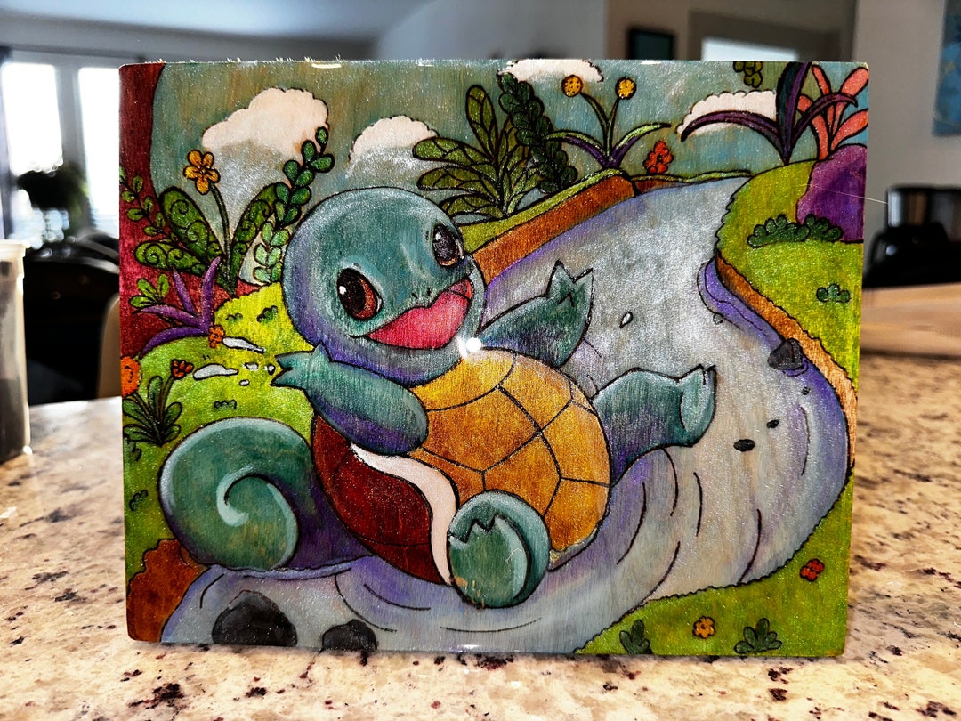 Squirtle Pokémon Fan Art Hand-drawn and Burned Into Wood, Painted With