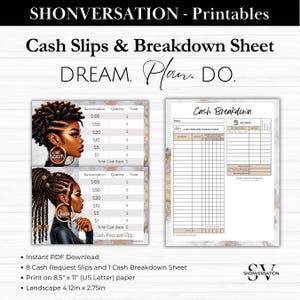 May include: Printable cash slips and a cash breakdown sheet. The design features illustrations of Black women with the word "Queen" on their earrings. The text "DREAM. Plan. DO." is displayed at the top. The cash request slips include spaces for denomination, quantity, and total.