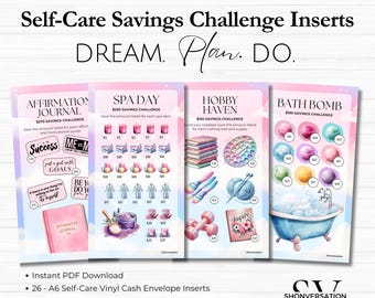 Printable Self-Care Savings Challenges Bundle, Printable A5 A6 Vinyl Cash Envelope Inserts, 26pc Self-Care Budget, Cash Stuffing