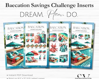 Printable A6 A5 Baecation Vacation Travel Savings Challenges, 4 Sizes, 6-ring Binders or Zippered Vinyl Cash Envelopes, Cash Budgeting