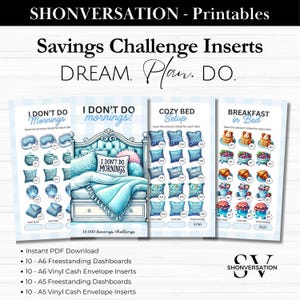 May include: Three printable savings challenge inserts with a blue and white color scheme. The first insert features a bed with pillows and the text "I Don't Do Mornings!" The second insert features pillows and the text "Cozy Bed Setup." The third insert features breakfast foods and the text "Breakfast in Bed."