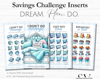 Printable A6 A5 I Don't Do Mornings Savings Challenges Inserts, 4 Sizes, 6-ring Binders or Zippered Vinyl Cash Envelopes, Cash Budgeting