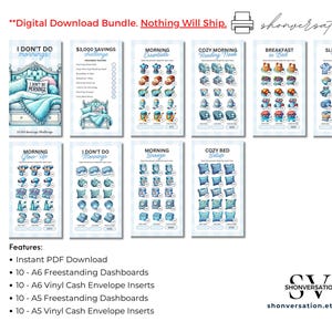 May include: A set of printable savings challenge dashboards with a blue and white color scheme. The dashboards feature illustrations of various morning-themed items, such as coffee makers, pillows, and breakfast foods. The text "I Don't Do Mornings" and "$3,000 Savings Challenge" are visible on two of the dashboards.