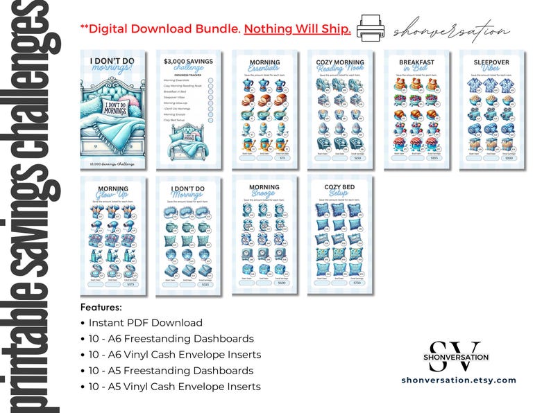 May include: A set of printable savings challenge dashboards with a blue and white color scheme. The dashboards feature illustrations of various morning-themed items, such as coffee makers, pillows, and breakfast foods. The text "I Don't Do Mornings" and "$3,000 Savings Challenge" are visible on two of the dashboards.