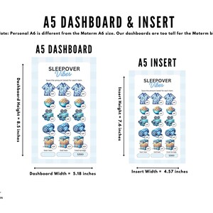 May include: A printable A5 dashboard and insert for a sleepover party. The dashboard is 8.5 inches tall and 5.18 inches wide. The insert is 7.6 inches tall and 4.57 inches wide. The printable features a blue and white color scheme with illustrations of a Hawaiian shirt, popcorn, and a movie projector.
