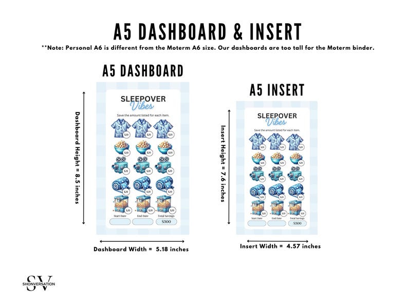 May include: A printable A5 dashboard and insert for a sleepover party. The dashboard is 8.5 inches tall and 5.18 inches wide. The insert is 7.6 inches tall and 4.57 inches wide. The printable features a blue and white color scheme with illustrations of a Hawaiian shirt, popcorn, and a movie projector.