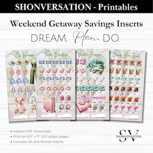 May include: Printable weekend getaway savings inserts with categories: "Che Wardrobe", "Travel Essentials", "Vacation Memories", and "Happy Hour Treats". Each category has a grid of items with dollar amounts to track savings.