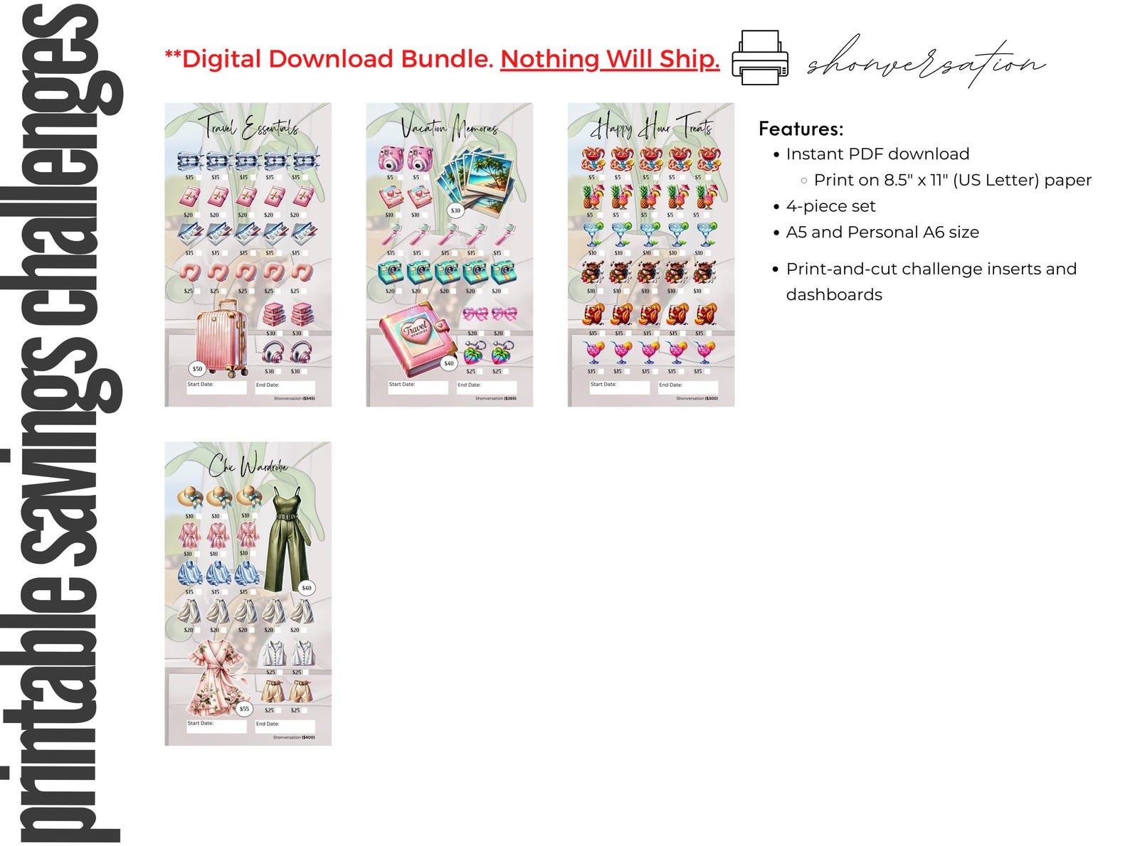 Printable A6 A5 Weekend Getaway Vacation Savings Challenges, 4 Sizes, 6 ...
