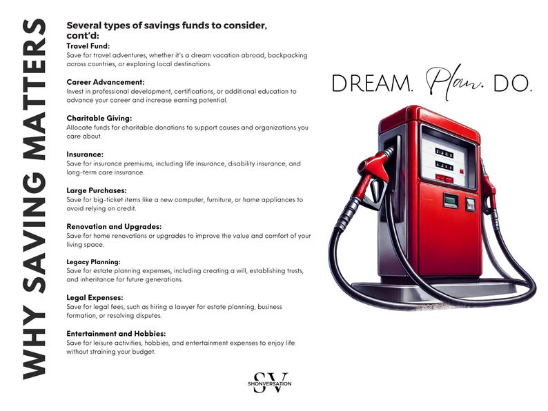 May include: A red gas pump illustration with black detailing and a white display. The image includes the text "DREAM. Plan. DO." and a list of savings fund types, such as travel, career advancement, and charitable giving. The text "WHY SAVING MATTERS" is also present.