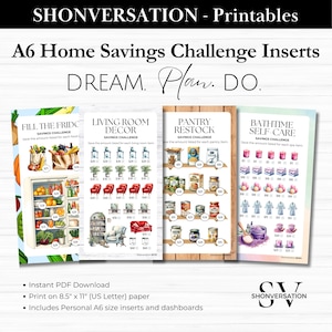 May include: Four printable A6-sized home savings challenge inserts. Each insert features a watercolor illustration and a grid with dollar amounts to track savings. The themes are "Fill the Fridge", "Living Room Decor", "Pantry Restock", and "Bathtime Self-Care".