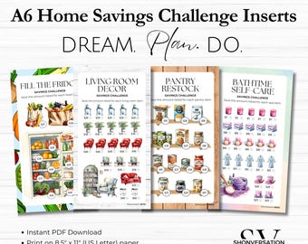 29pc Printable Personal A6 New Home Household Savings Challenges, 2 Sizes, 6-ring Binders or Zippered Vinyl Cash Envelopes, Cash Budgeting