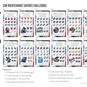 May include: A set of twelve cash stuffing envelopes with car maintenance savings challenges. Each envelope features a different category, such as gas & fuel, oil change, and car insurance. The envelopes are laminated for durability and available in A5 and A6 sizes.