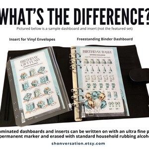 May include: A comparison of two different types of printable dashboards for a planner. The left image shows a vinyl envelope insert with the text "Birthday Gift Fund Savings Challenge". The right image shows a freestanding binder dashboard with the text "Birthday Bash Savings Challenge".