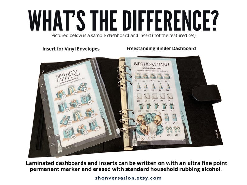 May include: A comparison of two different types of printable dashboards for a planner. The left image shows a vinyl envelope insert with the text "Birthday Gift Fund Savings Challenge". The right image shows a freestanding binder dashboard with the text "Birthday Bash Savings Challenge".