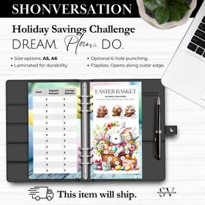 May include: A black binder with a savings challenge insert. The insert features a colorful Easter basket design with a bunny and eggs. Text includes "Holiday Savings Challenge" and "DREAM. Plan. DO."