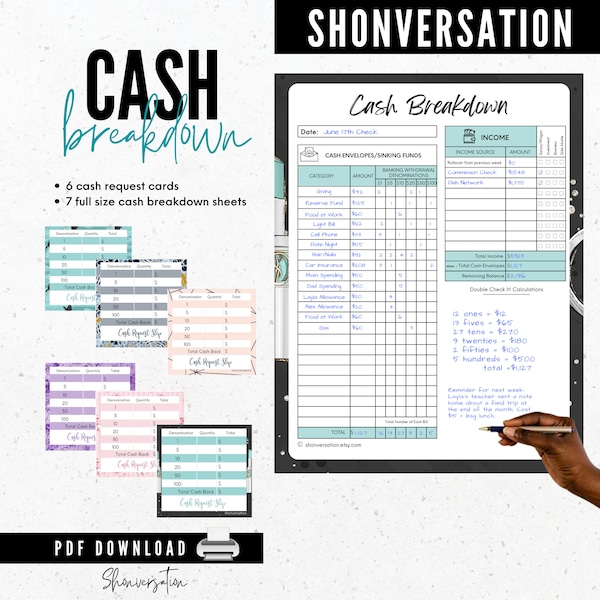 Printable Cash Breakdown Worksheet and Bank Withdrawal 13pc Set by Shonversation, Minimalist