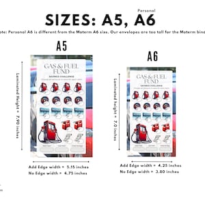 May include: Laminated A5 and A6 savings challenge cards with the text "GAS & FUEL FUND SAVINGS CHALLENGE." The A5 card is 7.90 inches tall, and the A6 card is 7.0 inches tall. The cards feature images of gas pumps and fuel cans.