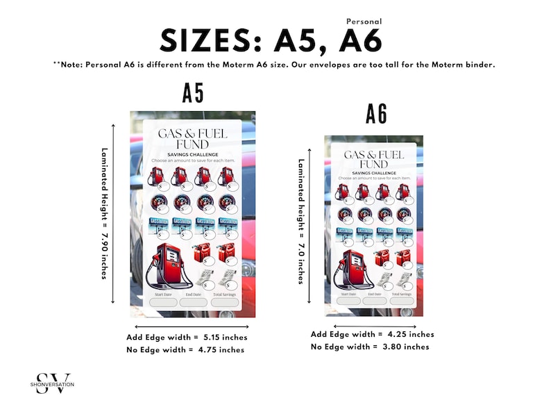 May include: Laminated A5 and A6 savings challenge cards with the text "GAS & FUEL FUND SAVINGS CHALLENGE." The A5 card is 7.90 inches tall, and the A6 card is 7.0 inches tall. The cards feature images of gas pumps and fuel cans.