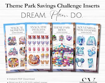 Printable A6 A5 Theme Park Savings Challenges, 4 Sizes, 6-ring Binders or Zippered Vinyl Cash Envelopes, Cash Budgeting