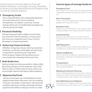 May include: Informative infographic titled "Why Saving Matters" with a list of reasons to save money and types of savings funds. The text is in black on a white background. The infographic includes a logo.