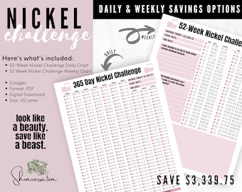 365 Tage Nickel Spar Challenge, 52 Woche 1 Jahr Geld Challenge mit Wechselgeld, Fünf Cent pro Tag Spar Challenge Sparen Sie 3339.75