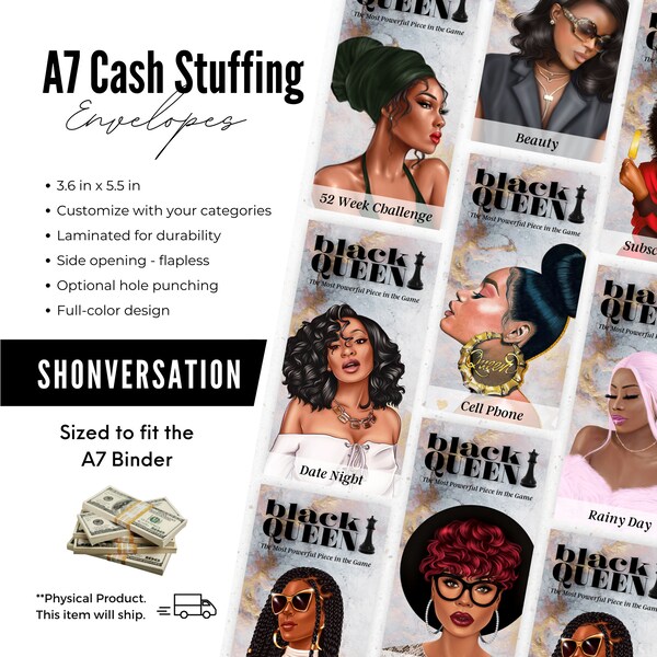 Mix and Match Cash Envelopes, Black Girl Cash Envelopes, Save and Budget in Style - Black Queen A7