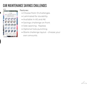 May include: White background with text and a small image of a car registration savings challenge. The text reads "CAR MAINTENANCE SAVINGS CHALLENGES #13" and lists features like laminated for durability and available in A5 and A6 sizes.