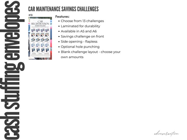 May include: White background with text and a small image of a car registration savings challenge. The text reads "CAR MAINTENANCE SAVINGS CHALLENGES #13" and lists features like laminated for durability and available in A5 and A6 sizes.