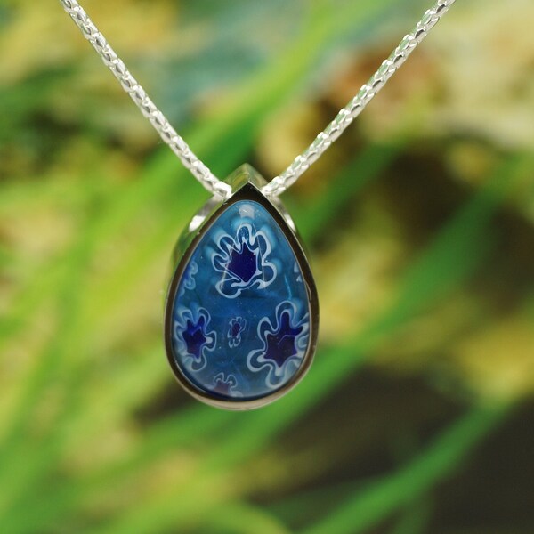 Murano Glass Teardrop Pendant For Ashes with Sterling Silver chain options - Blue floral