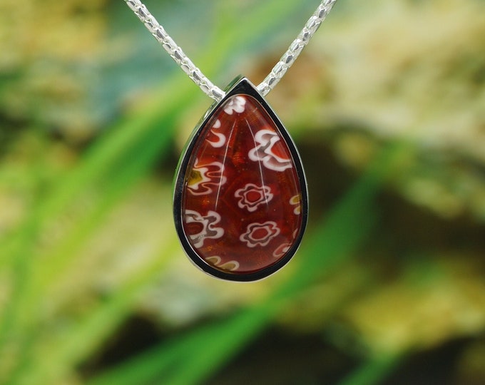 Murano Glass Teardrop Pendant For Ashes with Sterling Silver chain options - Red floral